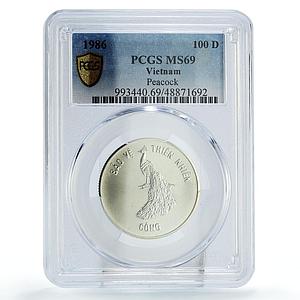 Vietnam 100 dong Conservation Wildlife Peacock Bird MS69 PCGS silver coin 1986