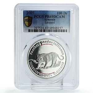 Armenia 100 dram Conservation Red Book Leopard Fauna PR69 PCGS silver coin 2007