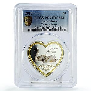 Cook Islands 1 dollar Love Messages Yours Always Swan PR70 PCGS silver coin 2013
