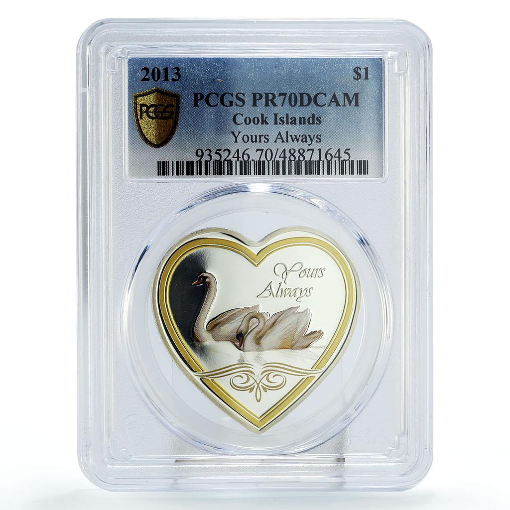 Cook Islands 1 dollar Love Messages Yours Always Swan PR70 PCGS silver coin 2013