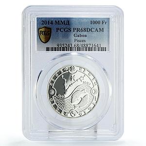 Gabon 1000 francs Zodiac Signs Pisces PR68 PCGS silver coin 2014