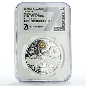 Belarus 20 rubles Lunar Calendar Year of the Ox Gilt PF70 NGC silver coin 2020