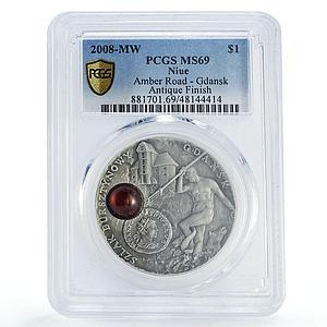 Niue 1 dollar Amber Routes Roads Gdansk Neptune Fountain MS69 PCGS Ag coin 2008