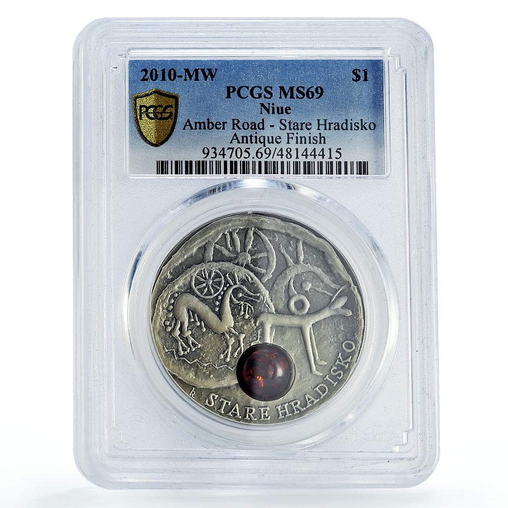 Niue 1 dollar Amber Routes Roads Stare Hradisko Celtics MS69 PCGS Ag coin 2010