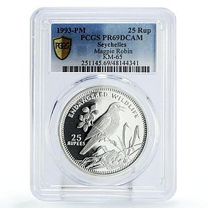 Seychelles 25 rupees Conservation Magpie Robin Bird PR69 PCGS silver coin 1993