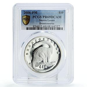 Sierra Leone 10 dollars Brontosaurus Dinosaurs Fauna PR69 PCGS silver coin 2006