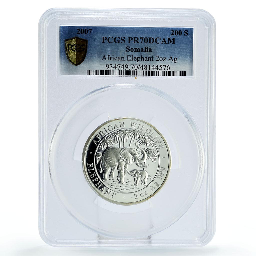 Somalia 200 shillings African Wildlife Elephant PR70 PCGS 2 oz silver coin 2007