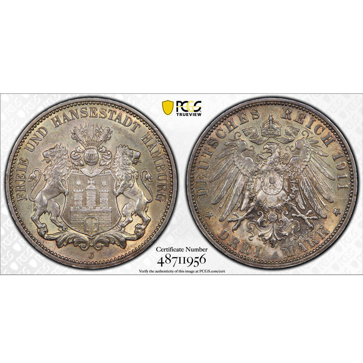 Germany Hamburg 3 mark Regular Coinage Hanseatic City MS64 PCGS silver coin 1911