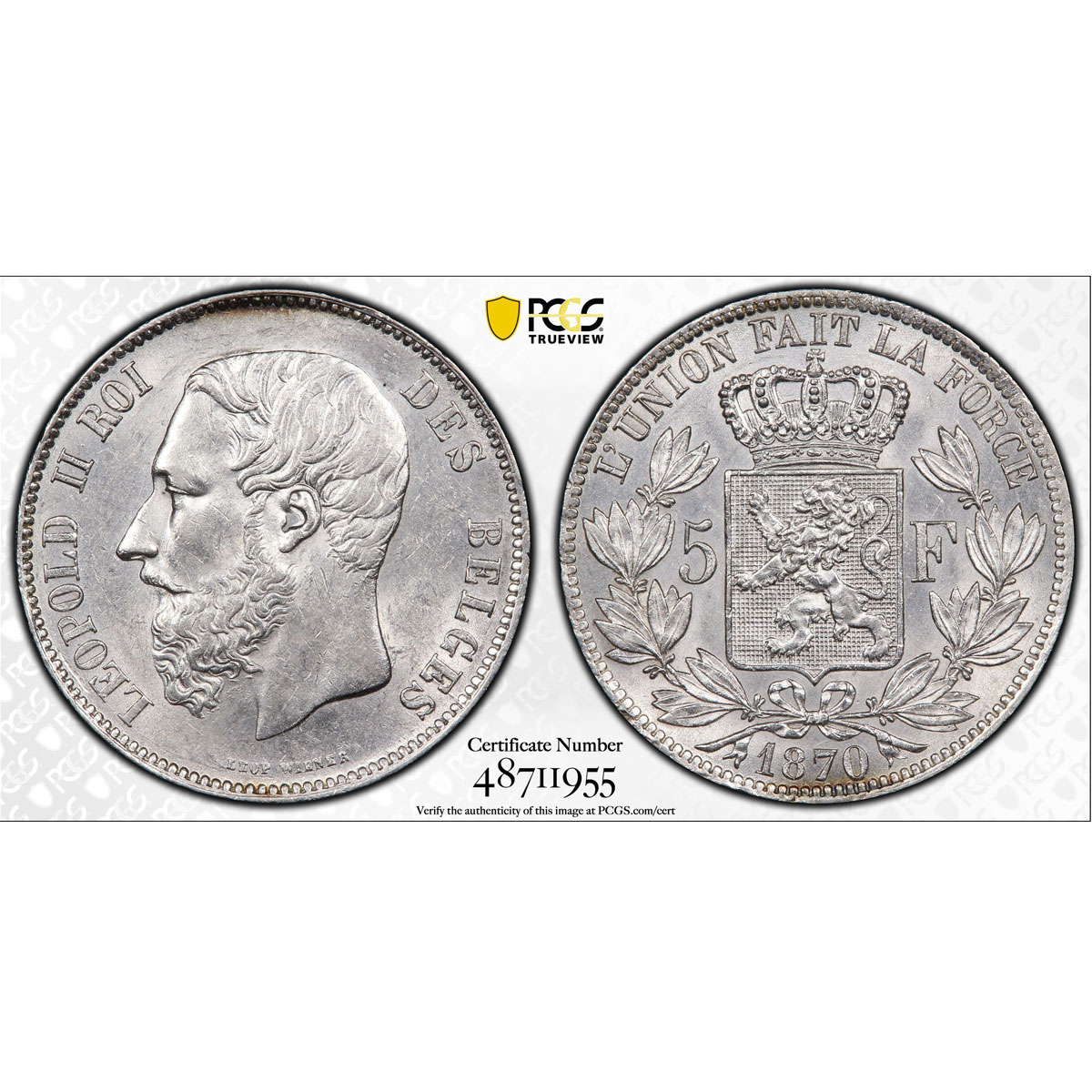 Belgium 5 francs Republic Coinage King Leopold II AU58 PCGS silver coin 1870