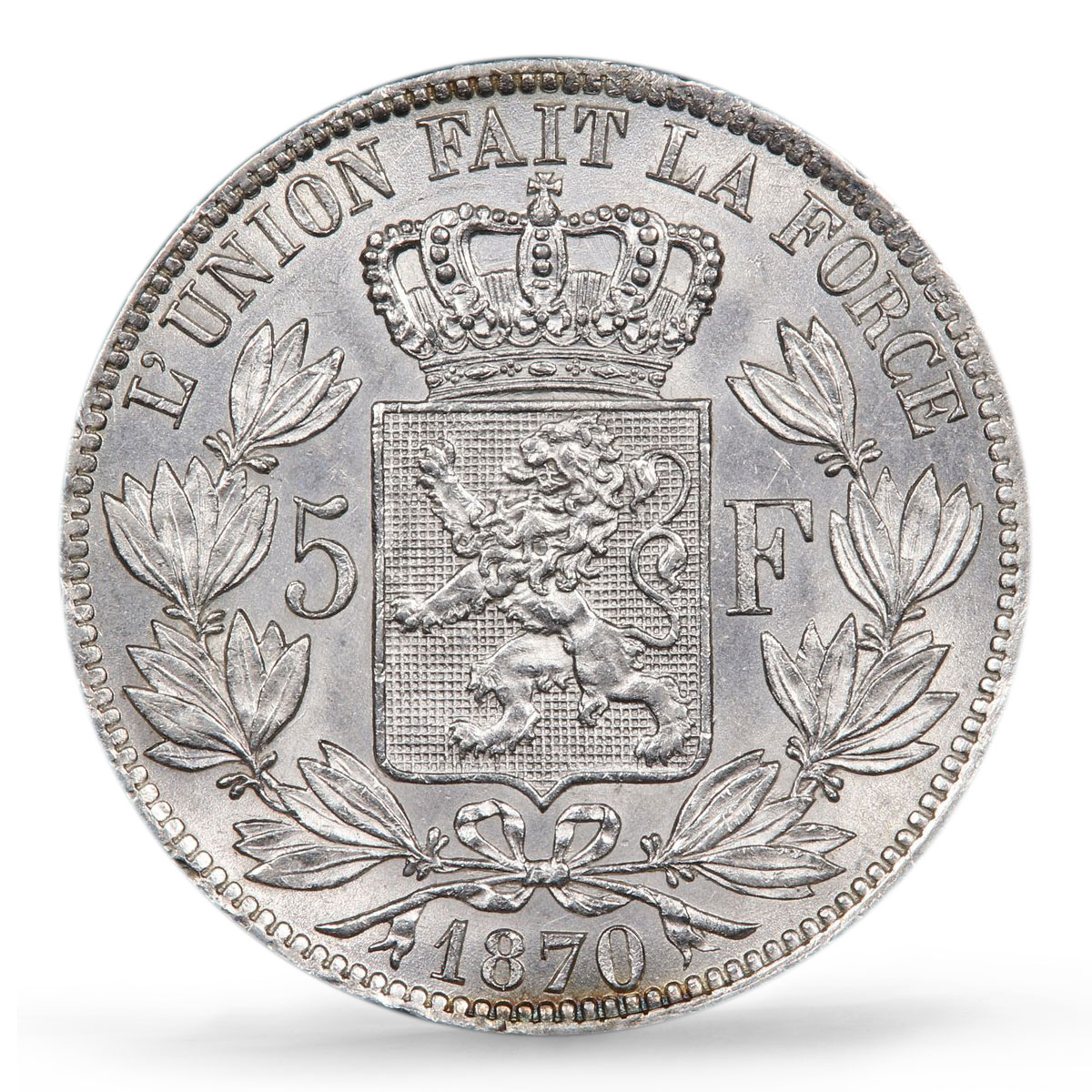 Belgium 5 francs Republic Coinage King Leopold II AU58 PCGS silver coin 1870