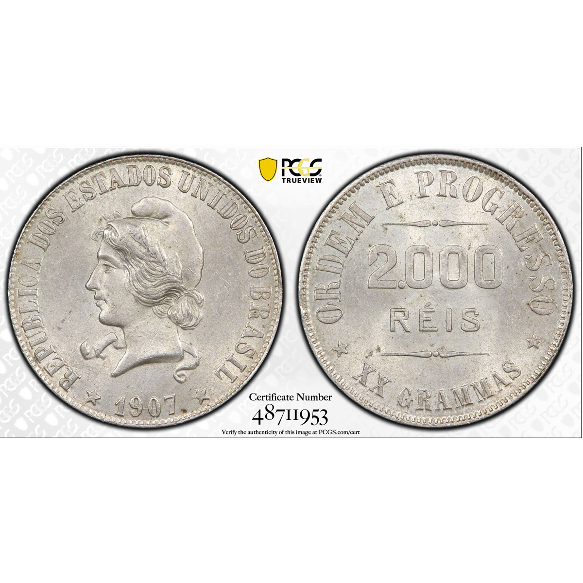 Brazil 2000 reis Regular Coinage Republic Effigy MS63 PCGS silver coin 1907