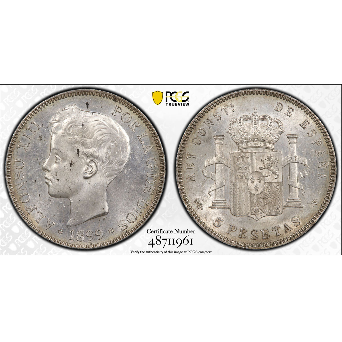 Spain 5 pesetas Regular Coinage Child Alfonso KM-707 MS62 PCGS silver coin 1899