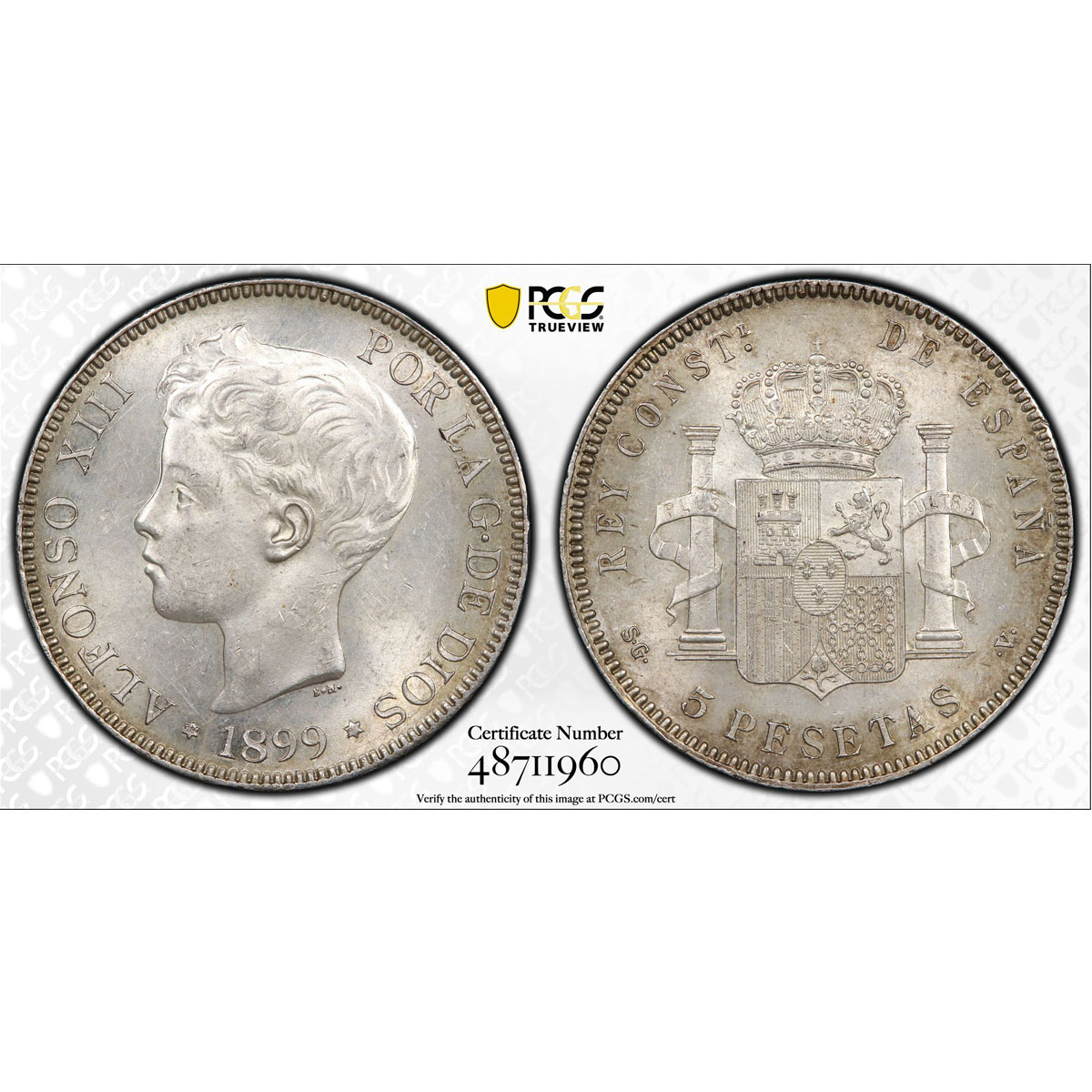 Spain 5 pesetas Regular Coinage Child Alfonso KM-707 MS63 PCGS silver coin 1899