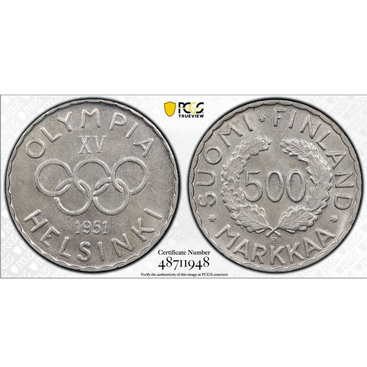 Finland 500 markaa Helsinki Winter Olympic Games KM-35 MS65 PCGS Ag coin 1951