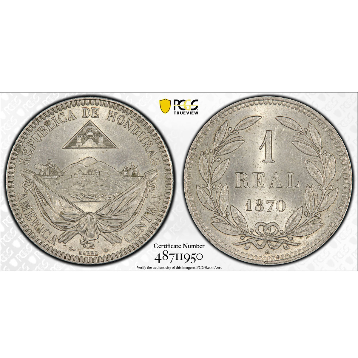 Honduras 1 real Regular Coinage Anchor Bee MS64 PCGS NiBrass coin 1870 A