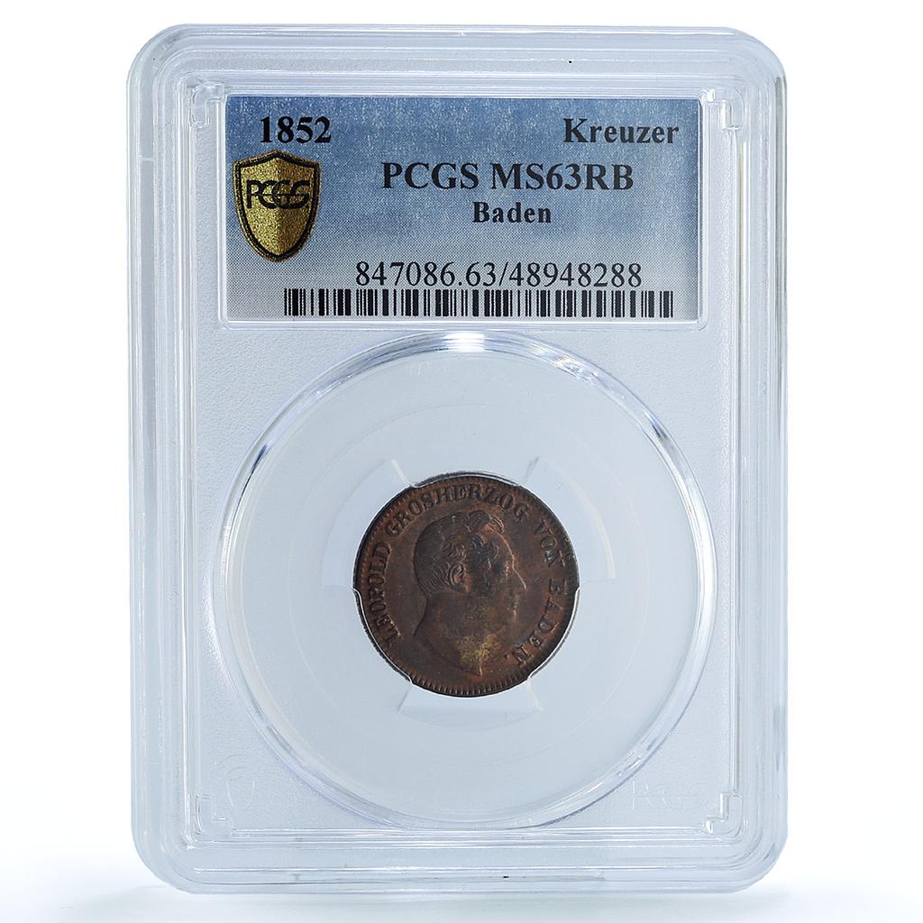 Germany Baden 1 kreuzer Regular Coinage Duke Leopold MS63 PCGS copper coin 1852 Germany Baden 1 kreuzer Regular Coinage Duke Leopold MS63 PCGS copper coin 1852