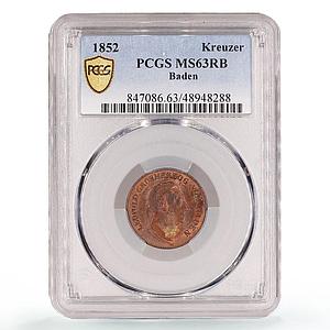 Germany Baden 1 kreuzer Regular Coinage Duke Leopold MS63 PCGS copper coin 1852