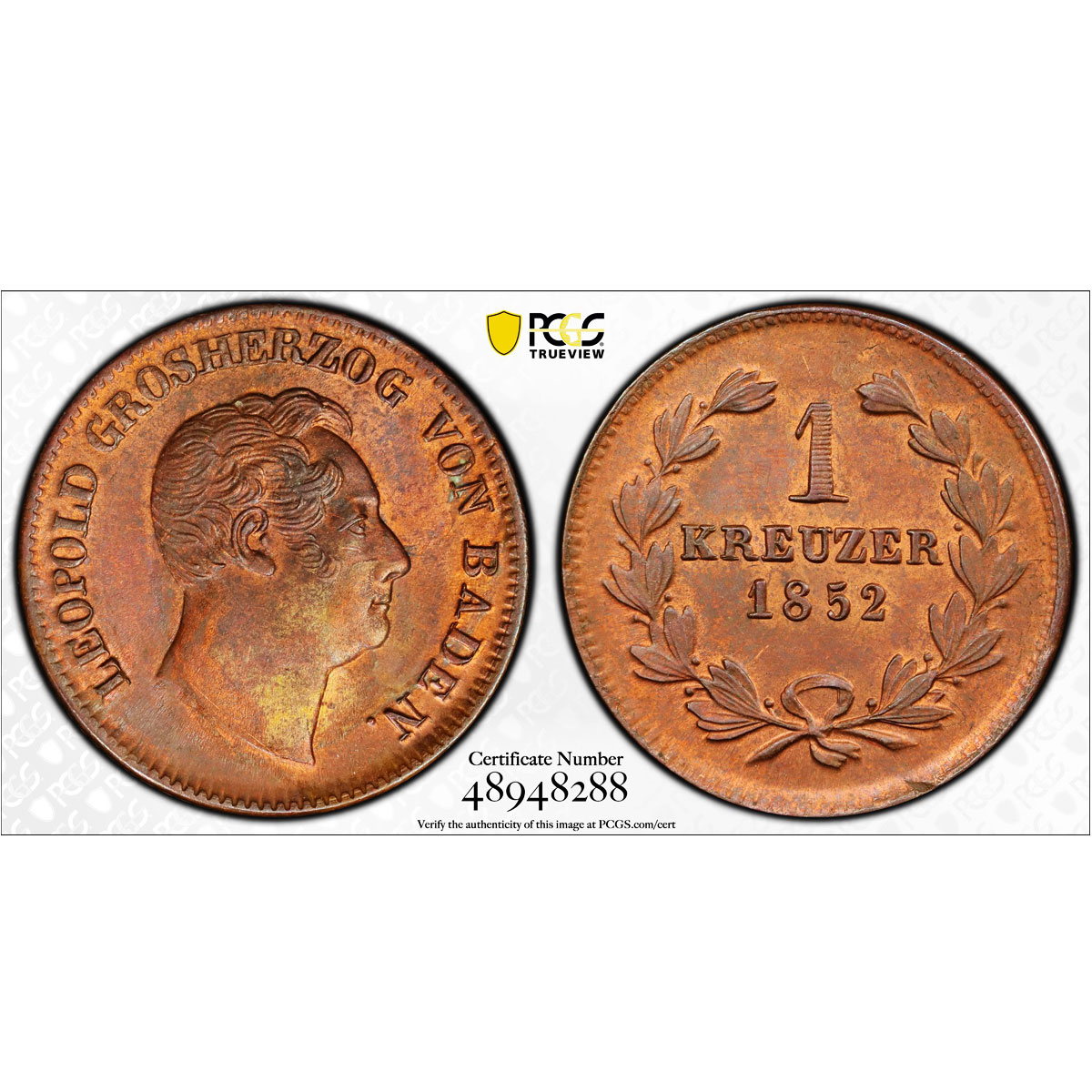 Germany Baden 1 kreuzer Regular Coinage Duke Leopold MS63 PCGS copper coin 1852