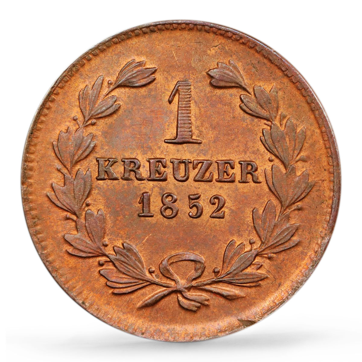 Germany Baden 1 kreuzer Regular Coinage Duke Leopold MS63 PCGS copper coin 1852