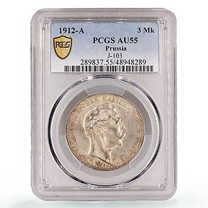 Germany Prussia 3 mark Regular Coinage Wilhelm II AU55 PCGS silver coin 1912