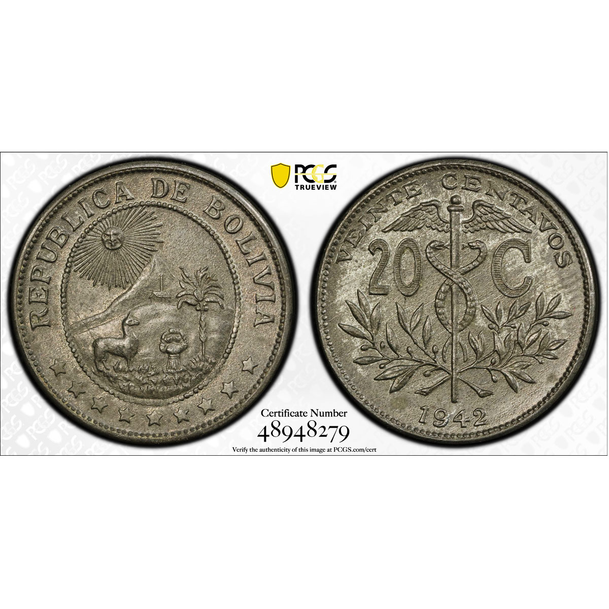 Bolivia 20 centavos Regular Coinage Lama Palm Tree KM-183 MS63 PCGS Zn coin 1942