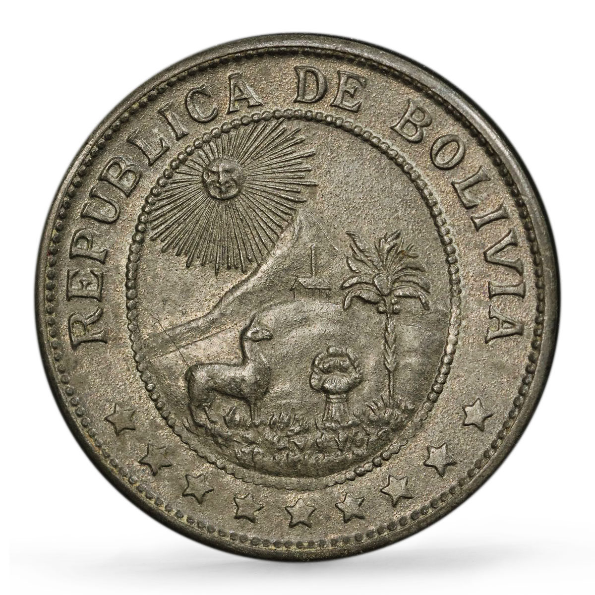 Bolivia 20 centavos Regular Coinage Lama Palm Tree KM-183 MS63 PCGS Zn coin 1942