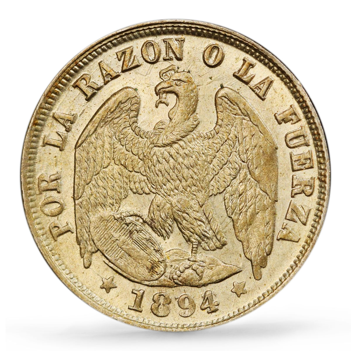 Chile 1/2 decimo Regular Coinage Condor Bird KM-137.3 MS64 PCGS silver coin 1894
