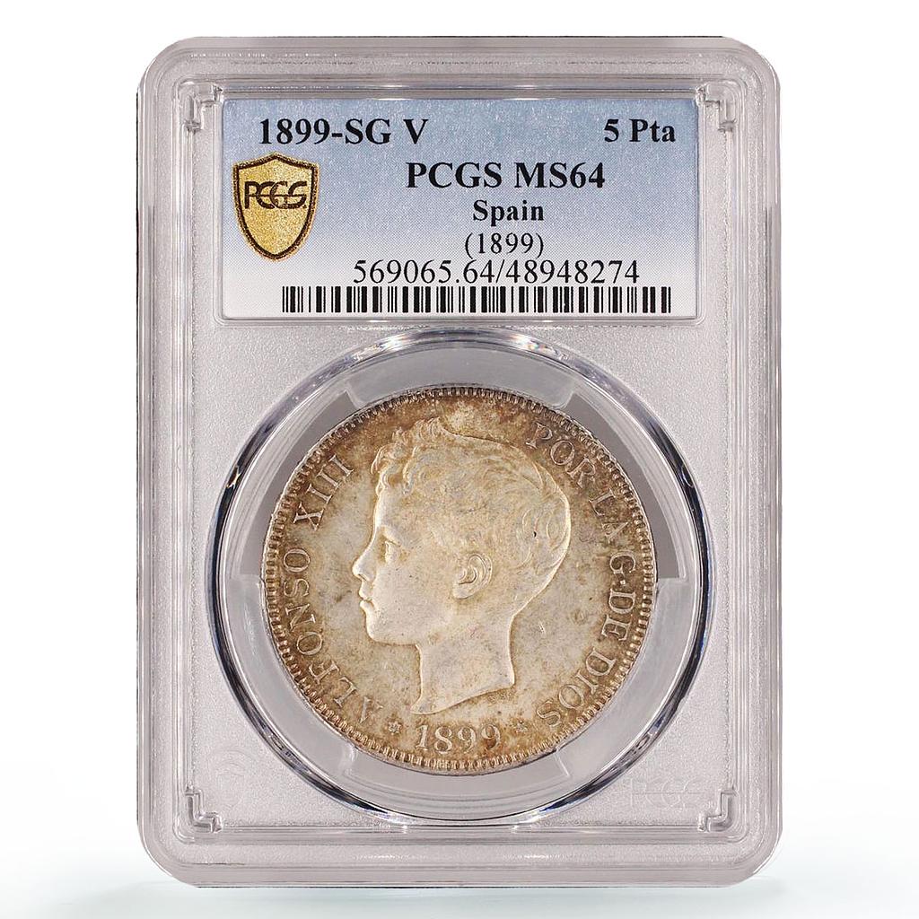 Spain 5 pesetas Regular Coinage Child Alfonso KM-707 MS64 PCGS silver coin 1899