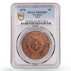 Paraguay 4 centesimos Regular Coinage Shaw Variety MS62 PCGS copper coin 1870