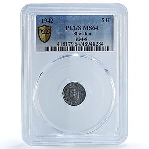 Slovakia 5 halierov Regular Coinage Coat of Arms KM-8 MS64 PCGS zinc coin 1942