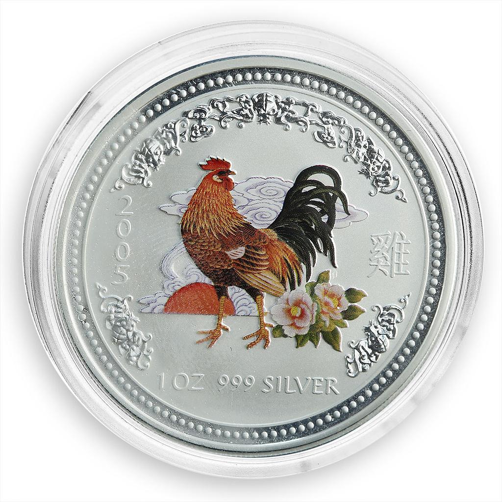 Australia 1 dollar Lunar Calendar I Year of the Rooster colored silver coin 2005