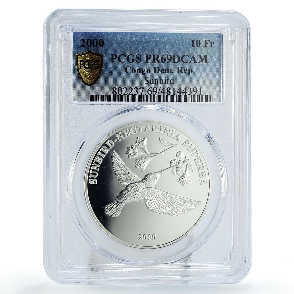 Congo 10 francs Conservation Hummingbird Sunbird Bird PR69 PCGS silver coin 2000