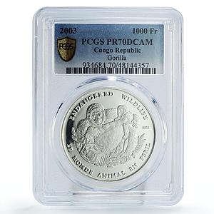 Congo 1000 francs Conservation Wildlife Gorilla Fauna PR70 PCGS silver coin 2003