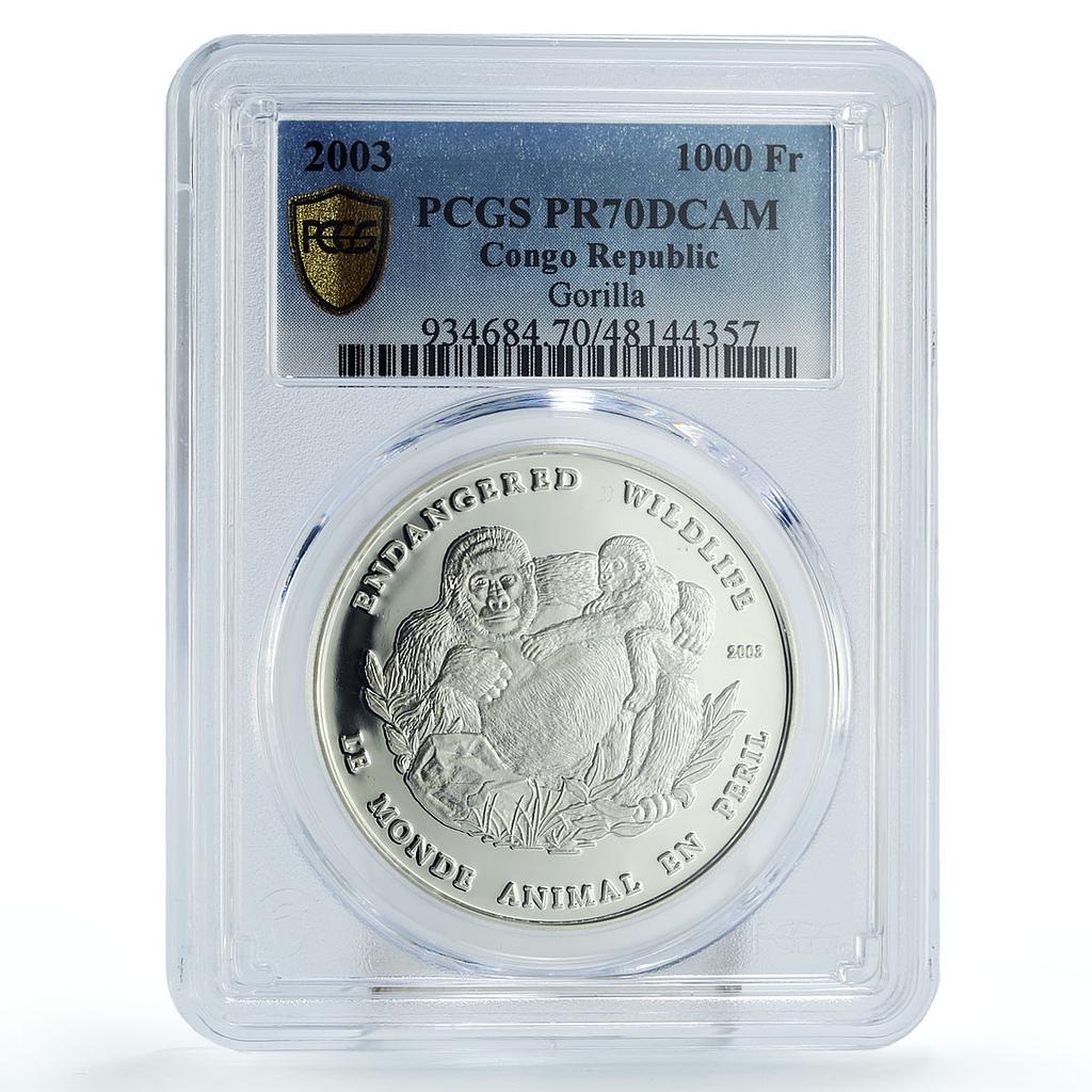 Congo 1000 francs Conservation Wildlife Gorilla Fauna PR70 PCGS silver coin 2003