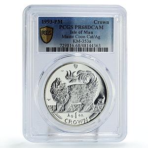 Isle of Man 1 crown Home Pets Maine Coon Cat Animals PR68 PCGS silver coin 1993