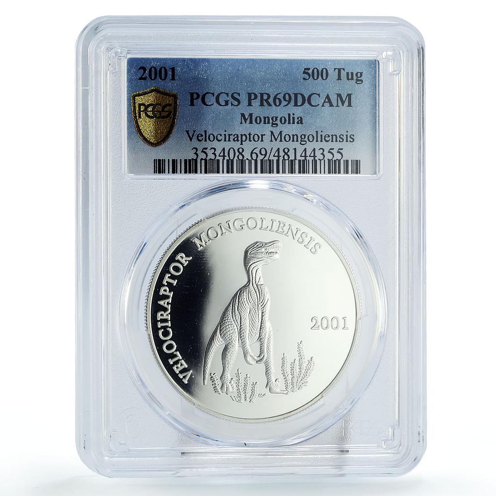 Mongolia 500 togrog Velociraptor Dinosaurs Fauna PR69 PCGS silver coin 2001