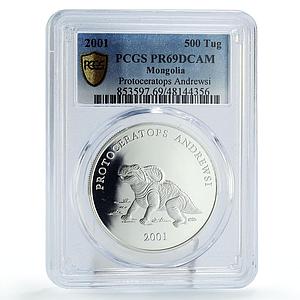 Mongolia 500 togrog Protoceraptors Dinosaurs Fauna PR69 PCGS silver coin 2001