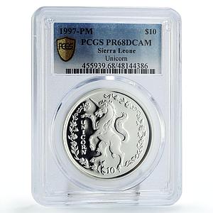 Sierra Leone 10 dollars Royals Symbols Unicorn Horse PR68 PCGS silver coin 1997