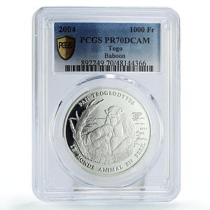 Togo 1000 francs Conservation Chimpanze Monkeys Fauna PR70 PCGS silver coin 2004