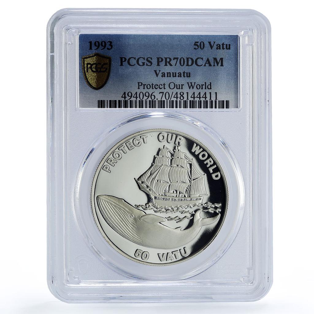 Vanuatu 50 vatu Protect Our World Whale Ship Clipper PR70 PCGS silver coin 1993