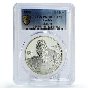 Zambia 100 kwacha Conservation Wildlife Lion Fauna PR68 PCGS silver coin 1998