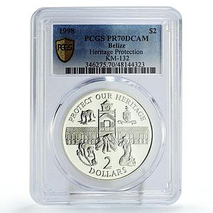 Belize 2 dollars Protect Heritage Culture History Art PR70 PCGS silver coin 1998