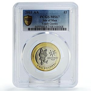 Isle of Man 2 pounds Youth Games Cat Tosha KM-1476 MS67 PCGS bimetal coin 2011
