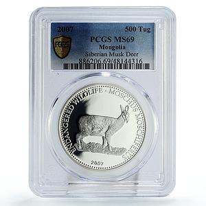 Mongolia 500 togrog Conservation Siberia Deer Fauna MS69 PCGS silver coin 2007