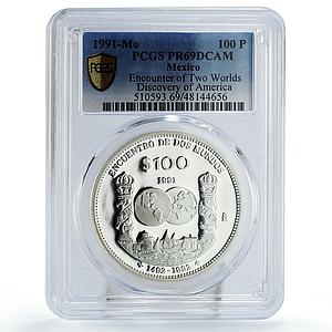 Mexico 100 pesos Two Worlds Encounter Ships Pillars PR69 PCGS silver coin 1991