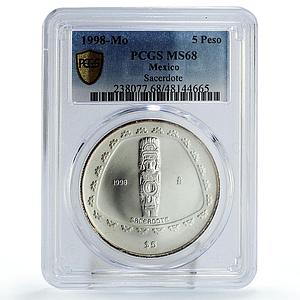 Mexico 5 pesos Precolombina Sacerdote Sculpture MS68 PCGS silver coin 1998