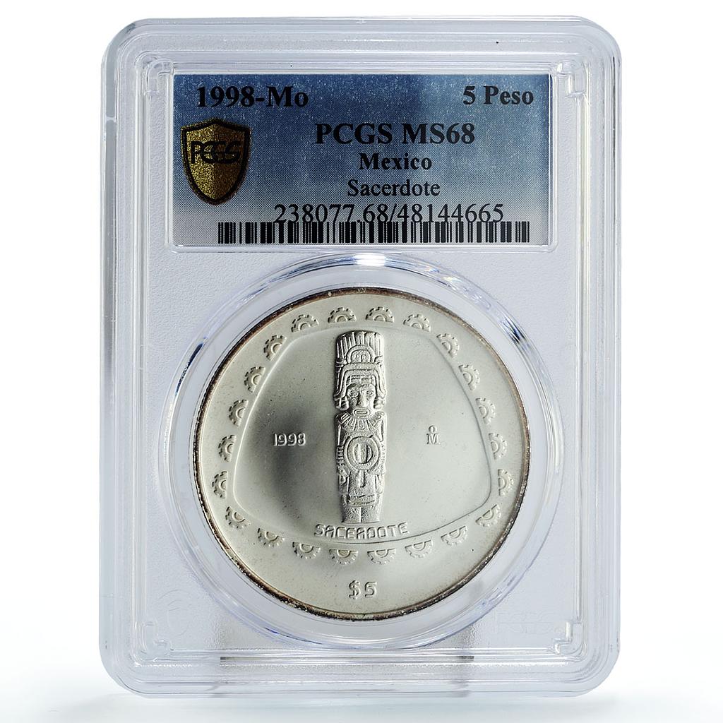 Mexico 5 pesos Precolombina Sacerdote Sculpture MS68 PCGS silver coin 1998