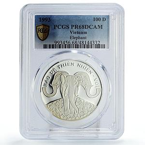 Vietnam 100 dong Conservation Wildlife Elephant Fauna PR68 PCGS silver coin 1993