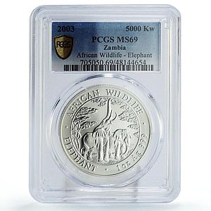 Zambia 5000 kwacha African Wildlife Elephant Matte MS69 PCGS silver coin 2003