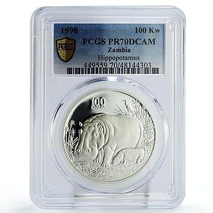 Zambia 100 kwacha Conservation Wildlife Hippo Fauna PR70 PCGS silver coin 1998